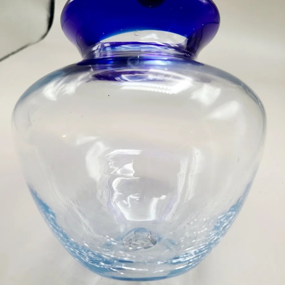 Clear Glass Vase with Cobalt Blue Rim & Handblown Crackled Bottom